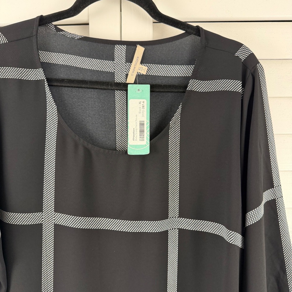 41 Hawthorn Bixby Scoop Neck Blouse Women XL Black Windowpane Plaid NEW - Picture 2 of 15